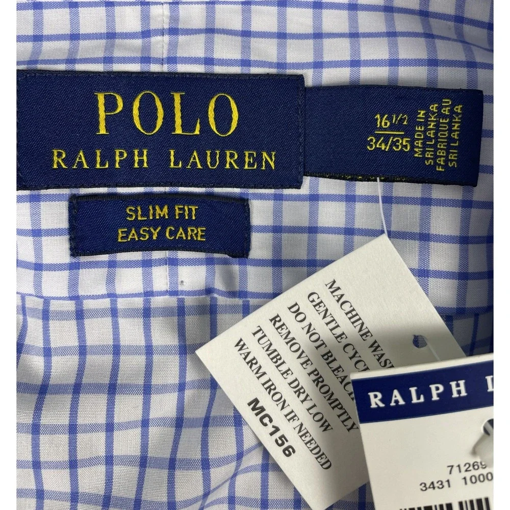 Polo Ralph Lauren Shirt Mens 16.5 34/35 Blue White Check Slim Fit Easy Care
